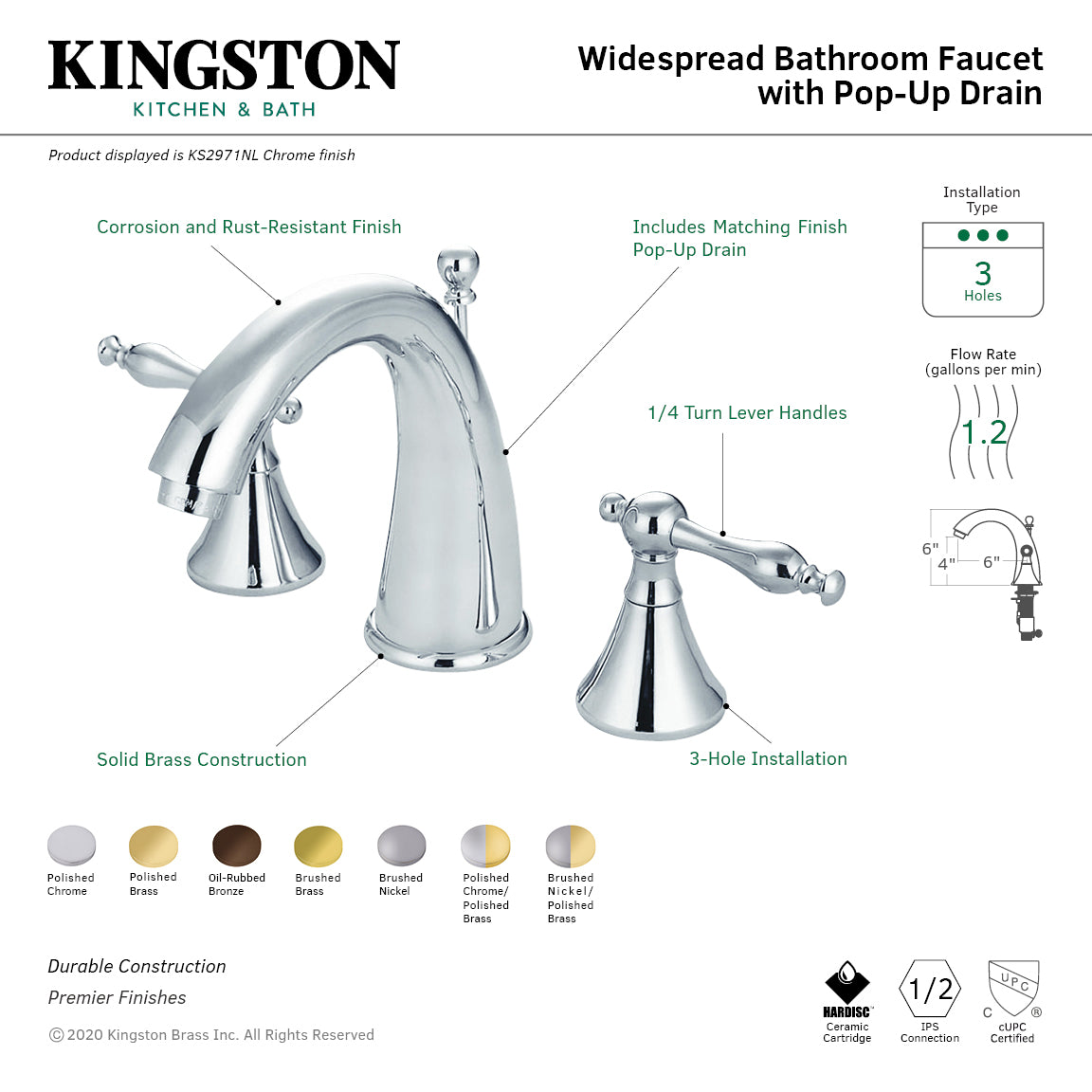 Kingston Tulare KS2974NL - Naples Two-Handle 3-Hole Deck Mount Widespread Bathroom Faucet with Brass Pop-Up, Polished Chrome/Polished Brass — thumbnail 2